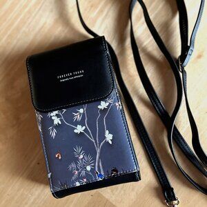 Forever Young Cellphone Wallet Crossbody or Shoulder Bag Black Floral
